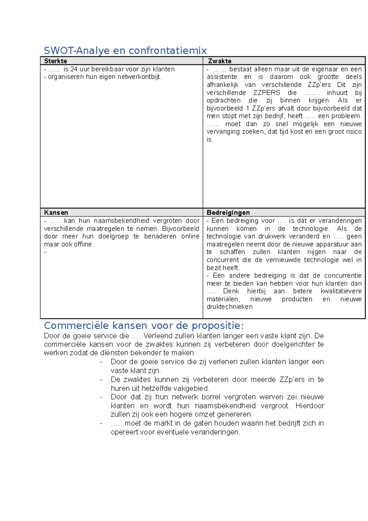 Swot Analyse En Propositie Swot Analye En Confrontatiemix Sterkte Zwakte Is 24 Uur Studeersnel