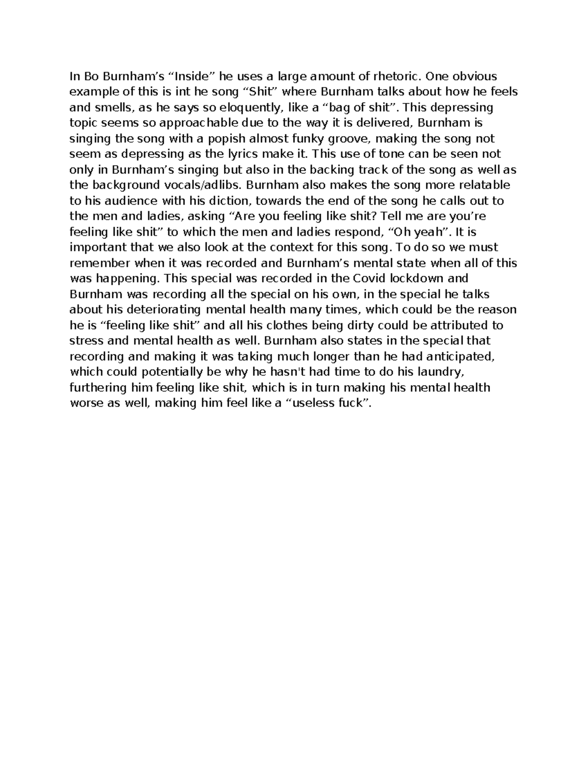 Exam two mass notes - In Bo Burnham’s “Inside” he uses a large amount ...
