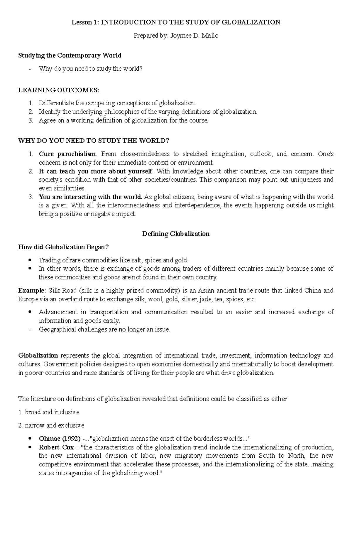 Lesson 1 Introduction to the Study of Globalization - The Contemporary ...