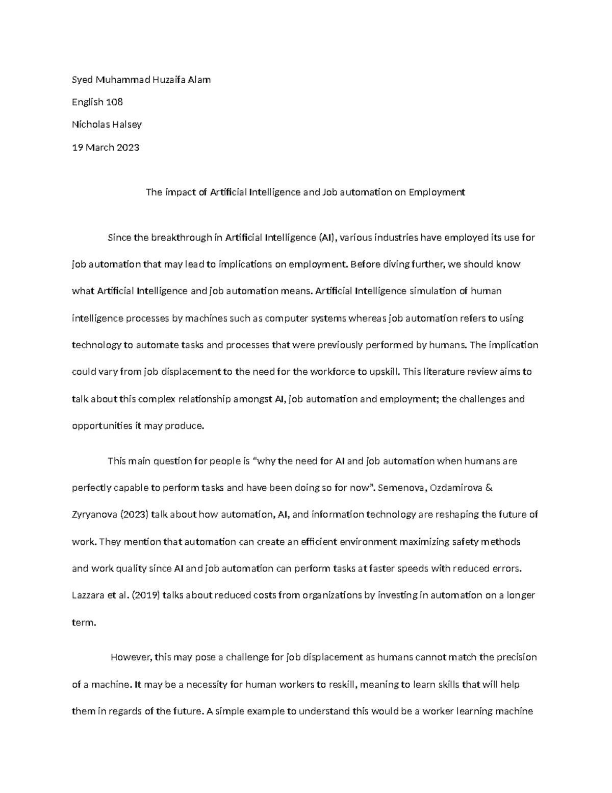 Project 2 Rough Draft - Syed Muhammad Huzaifa Alam English 108 Nicholas ...