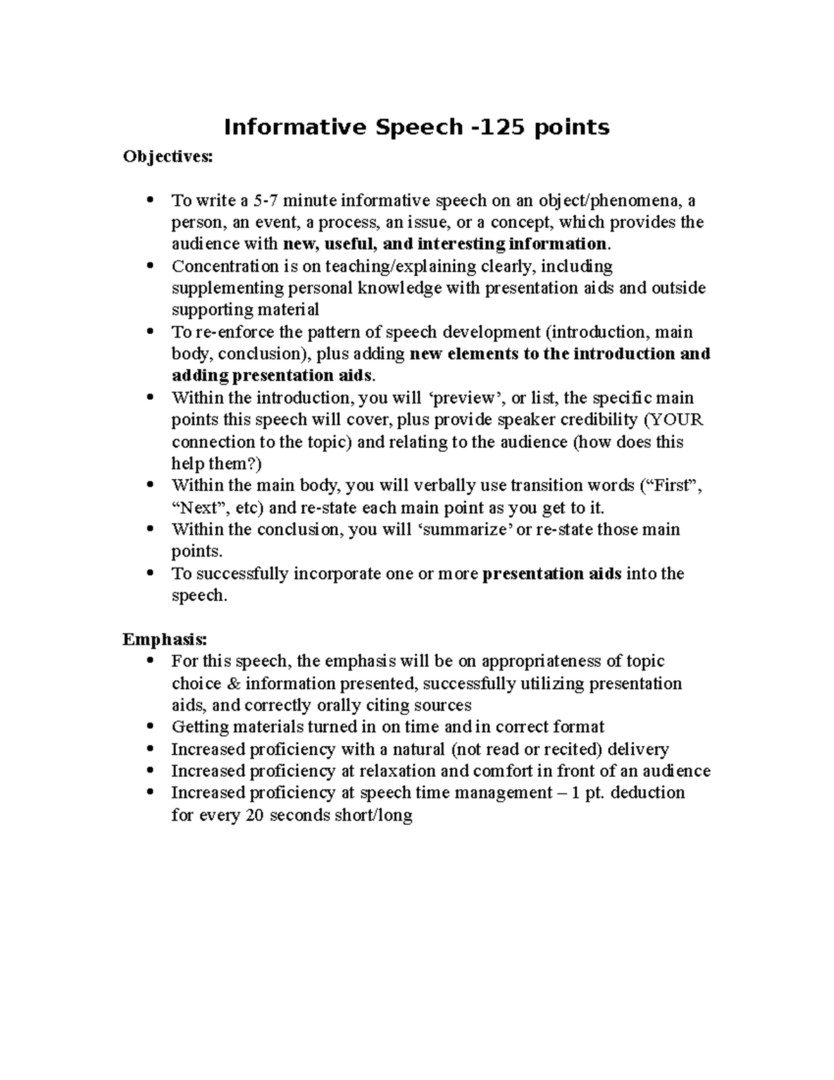 Online Informative Speech Objectives and Instructions Classroom ...