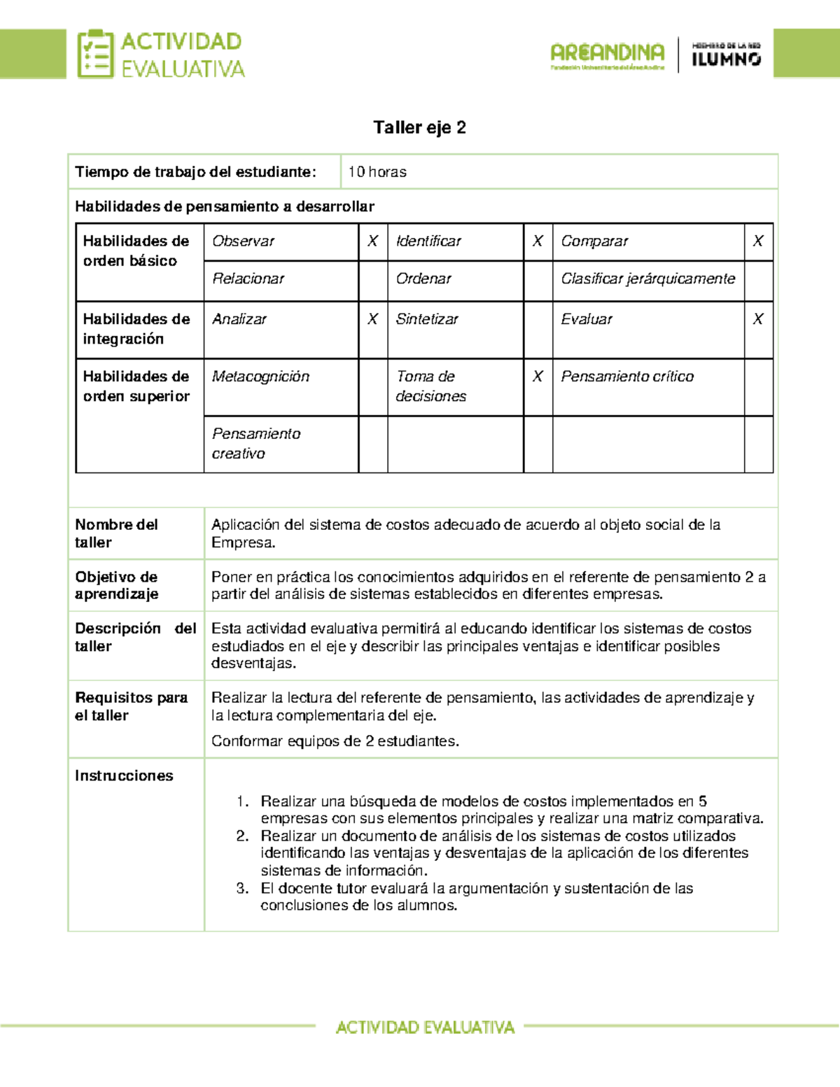 Actividad evaluativa - Eje 2 costos - Taller eje 2 Tiempo de trabajo ...
