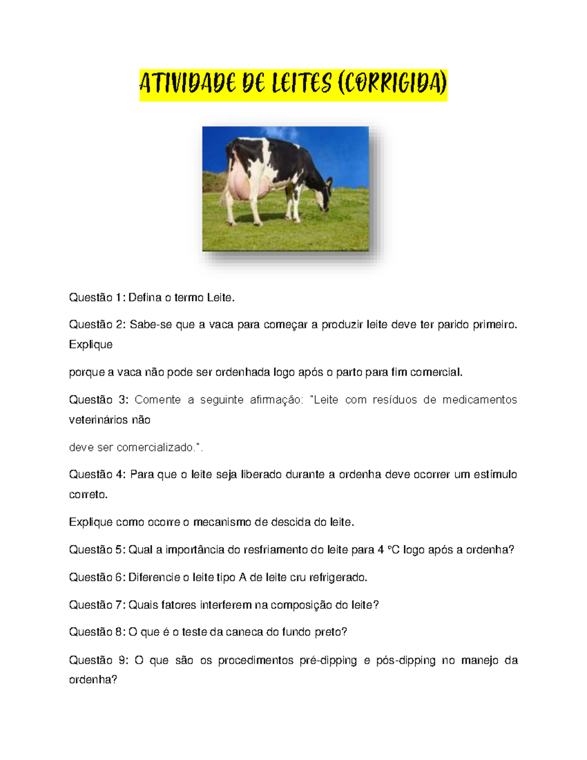Atividade DE Leites (Corrigida) - ATIVIDADE DE LEITES (CORRIGIDA ...