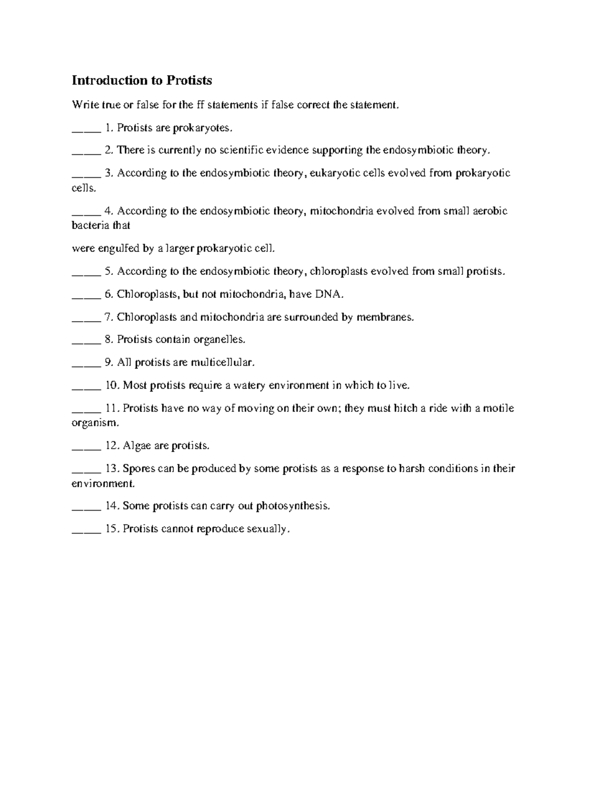 Protists worksheet 2022 - Introduction to Protists Write true or false ...