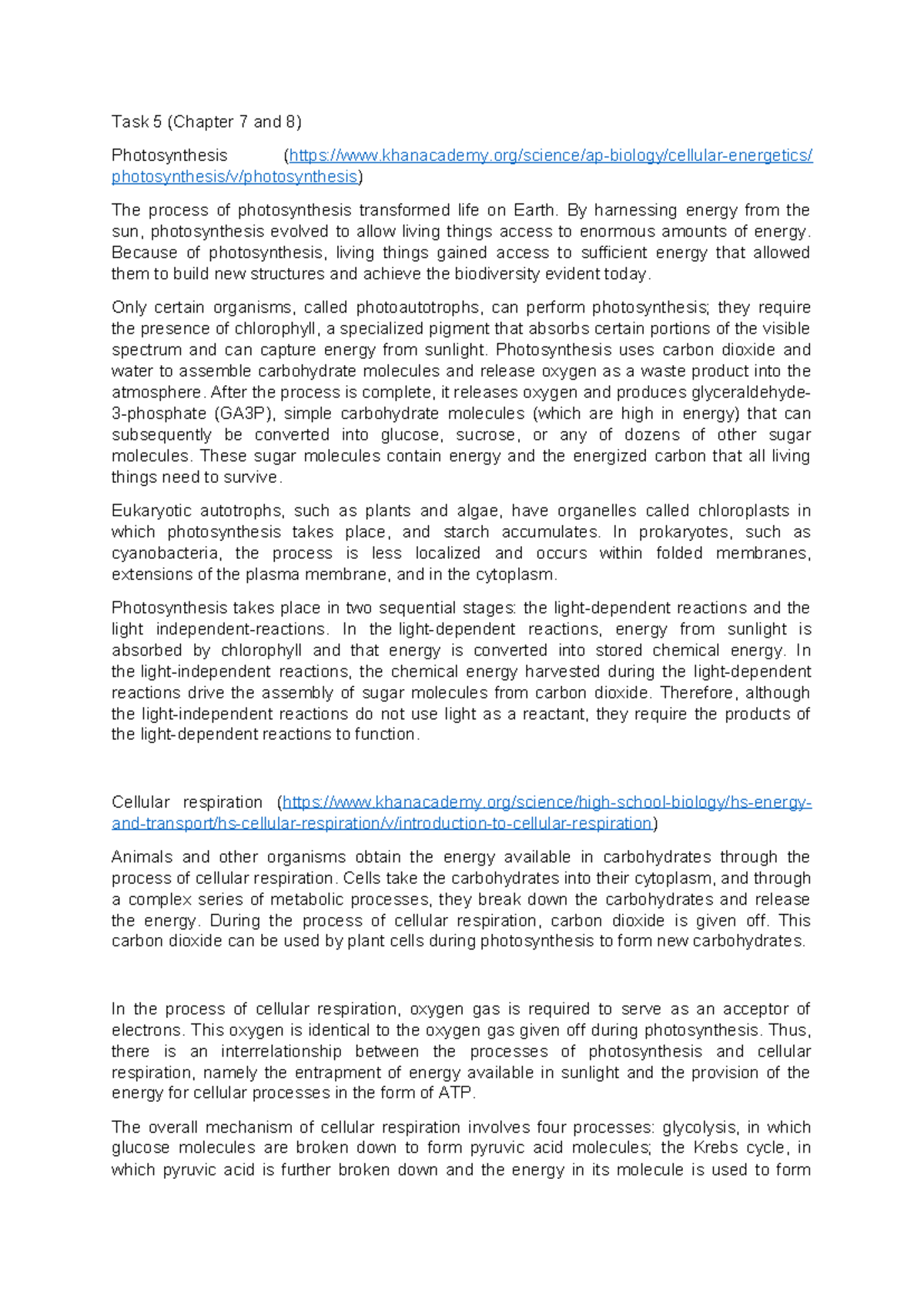Week 4 CH 7 Photosynthesis and Ch 8 Cellular respiration JWT 315 Task ...