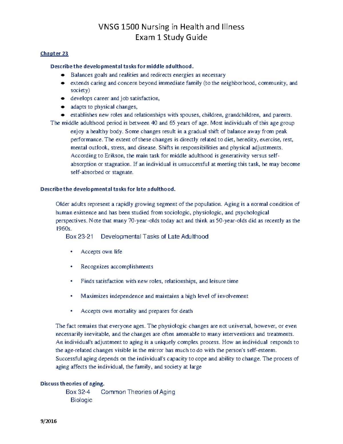 Nursing in health and illness study guide Exam 1 Study Guide Chapter