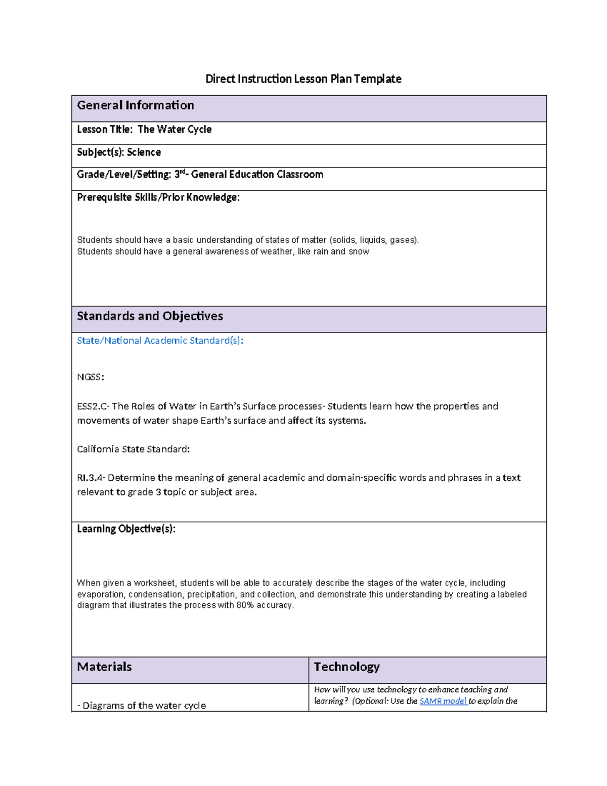 Direct Instruction Lesson Plan Template - Students should have a ...