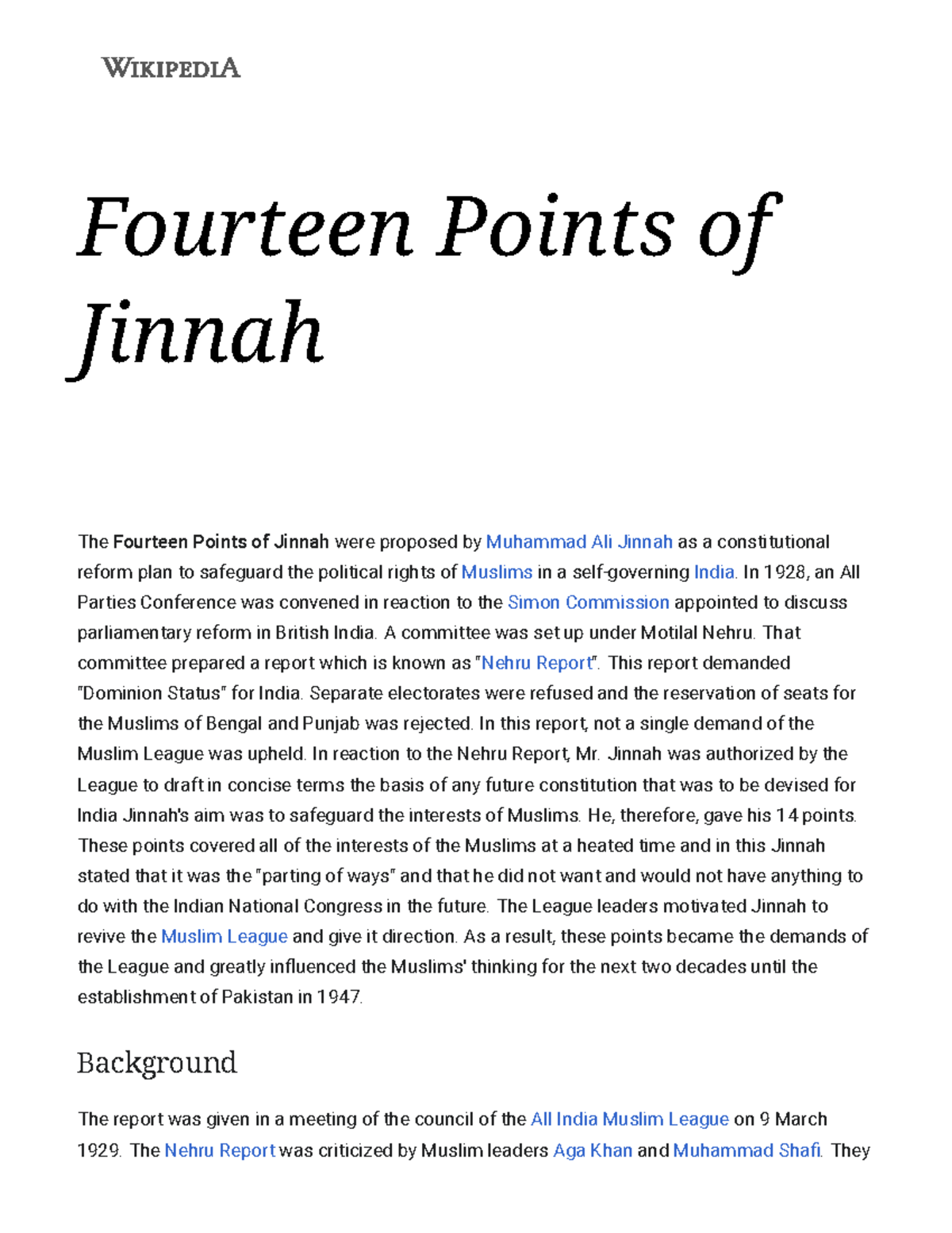 Fourteen Points Of Jinnah - Wikipedia - Fourteen Points Of Jinnah The ...