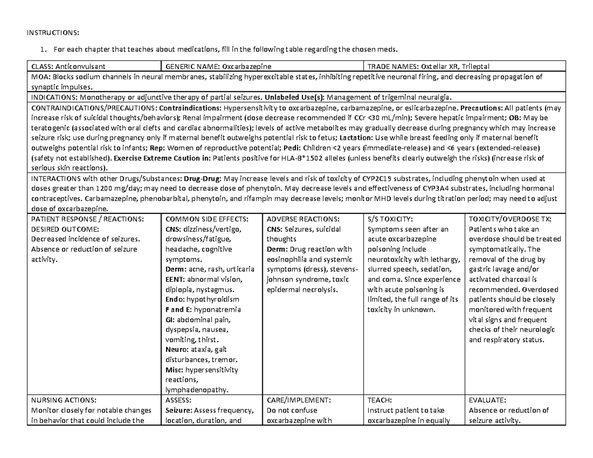 Med Card - Oxcarbazepine - INSTRUCTIONS: For each chapter that teaches ...