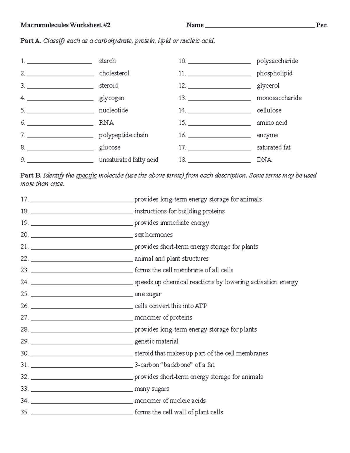 Identifying macromolecules - Macromolecules Worksheet #2 Name Per. Part ...