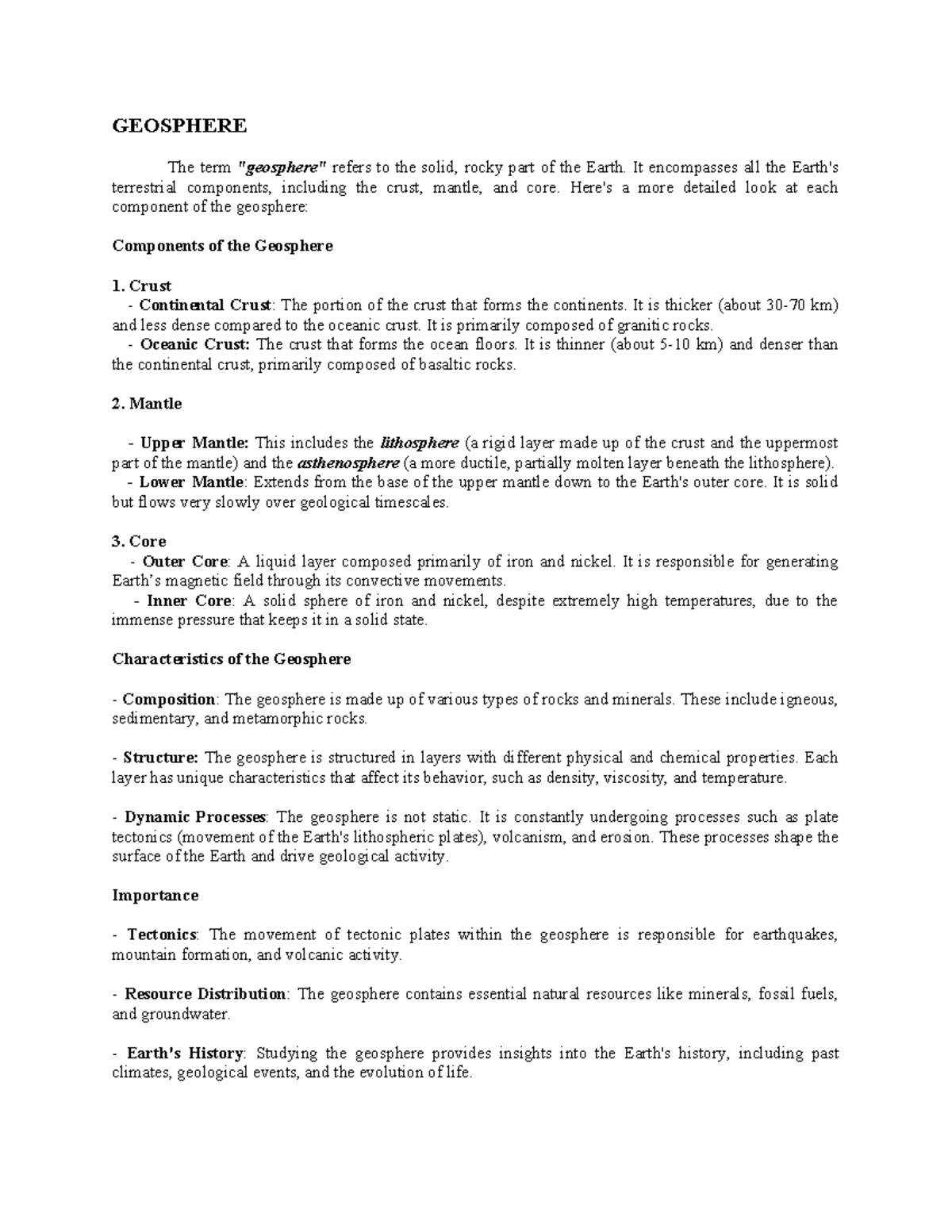 Earth Systems Handout - Summary Second year - GEOSPHERE The term ...