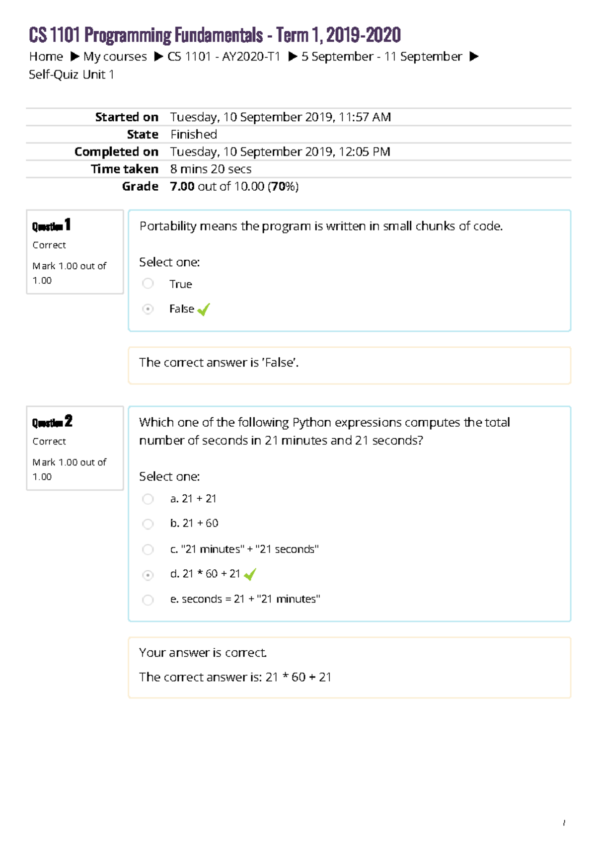 Unit 1CSSelf-Quiz Unit 1 - Home My Courses CS 1101 - AY2020-T1 5 ...