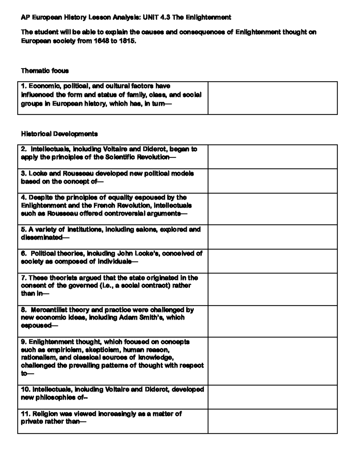 The Enlightenment Student Notes AP European History Lesson Analysis