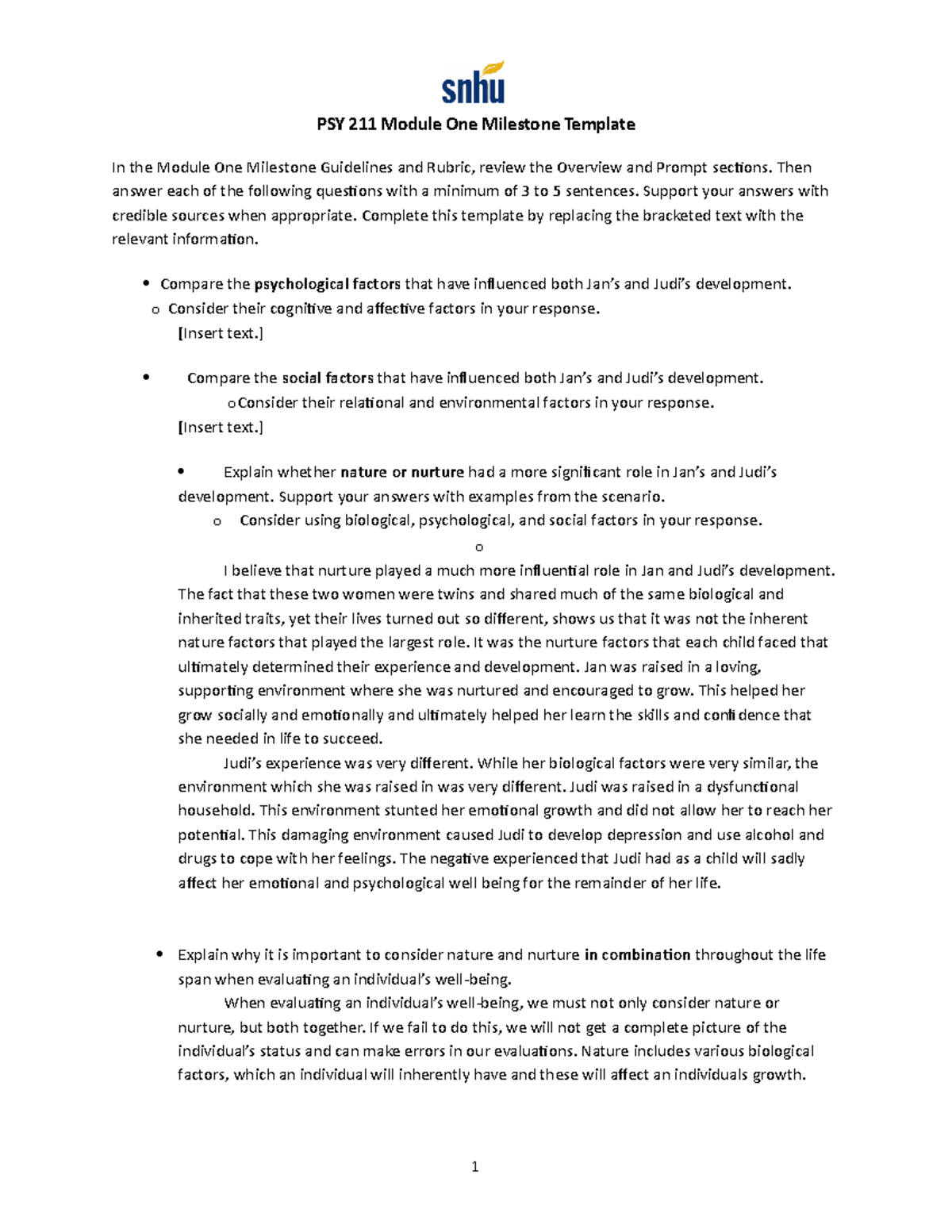 PSY 211 Module One Milestone - Then answer each of the following ...