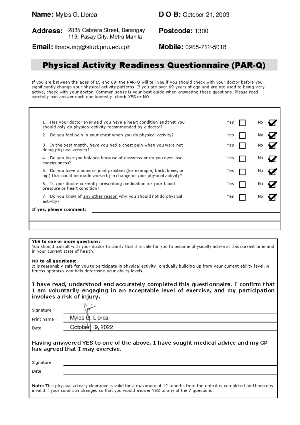Par-q - PE purpose - Name: Myles G. Llorca D O B: October 21, 2003 ...