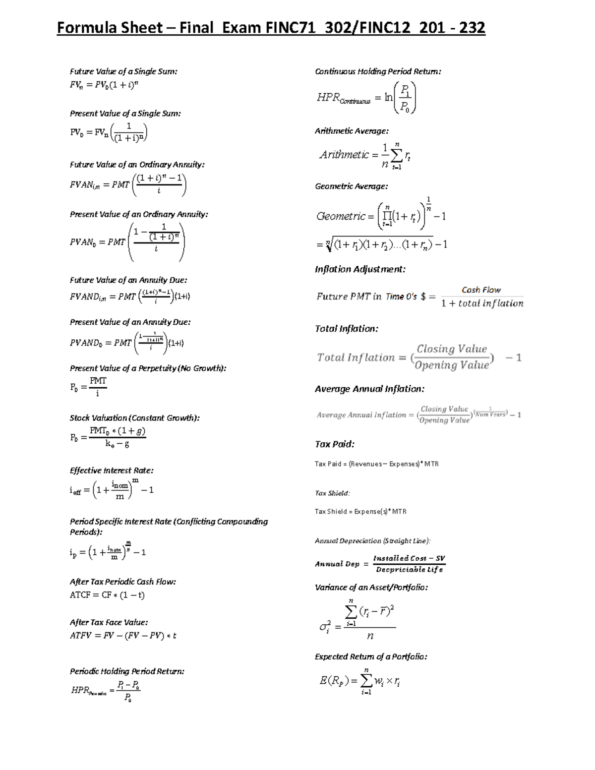 Formula Sheet - Final Exam - Future Value of a Single Sum: 𝐹𝐹𝑉𝑉𝑛𝑛 ...