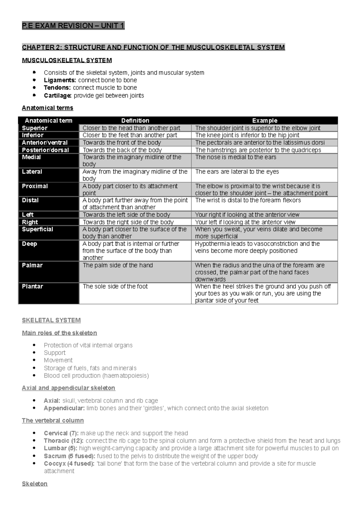 P.E Exam Revision Unit 1 - CHAPTER 2: STRUCTURE AND FUNCTION OF THE ...