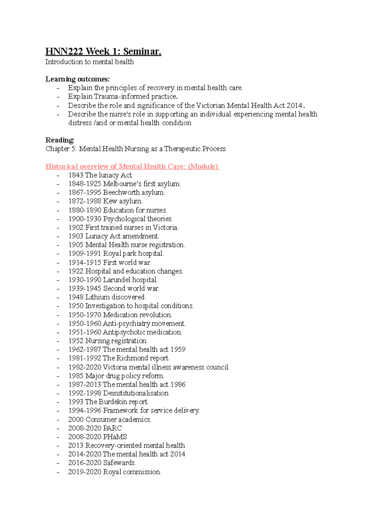 HNN222 Week 1 Seminar notes - HNN222 Week 1: Seminar. Introduction to ...
