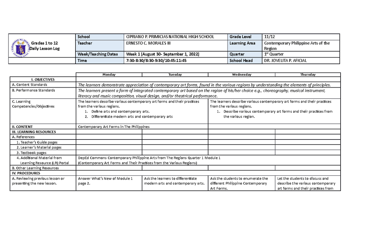 WEEK 2 - P.E 11 - Grades 1 to 12 Daily Lesson Log School CIPRIANO P ...