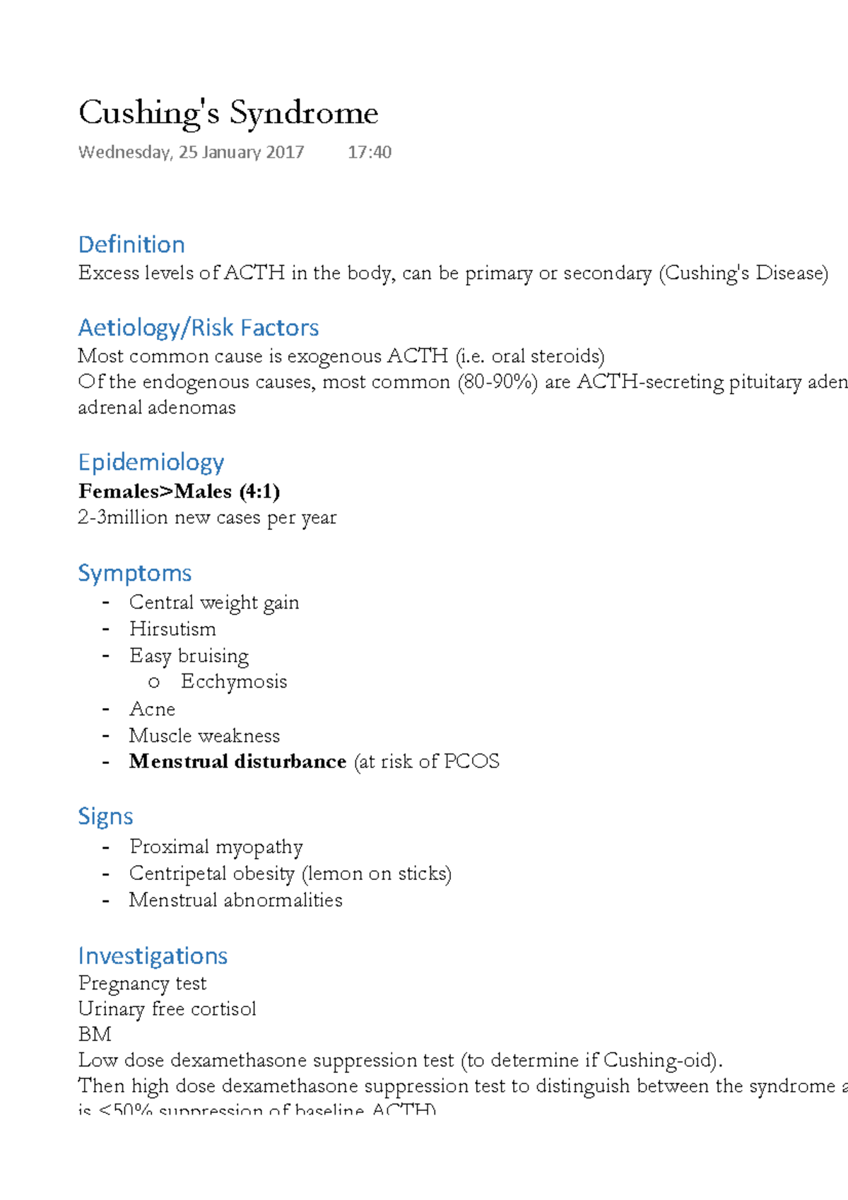 Cushing's Syndrome Cushing's Syndrome Wednesday, 25 January 2017 17