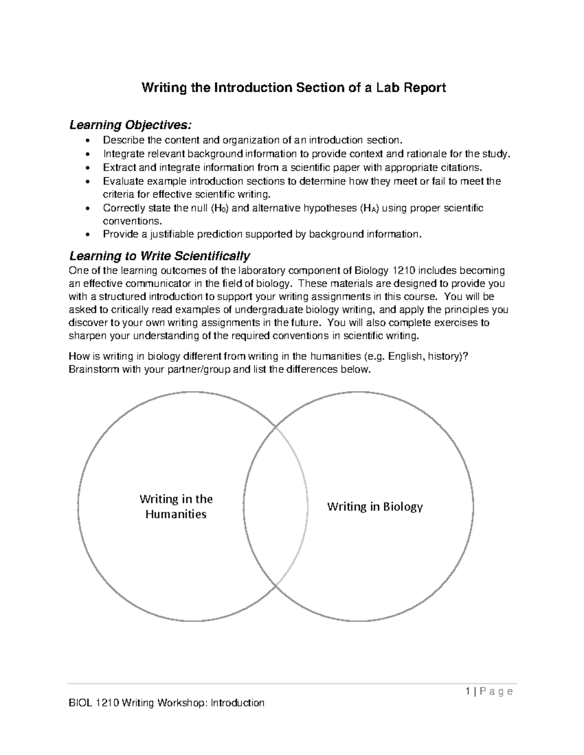 BIOL 1210 iii Introduction Workshop - 1 | P a g e Writing the ...