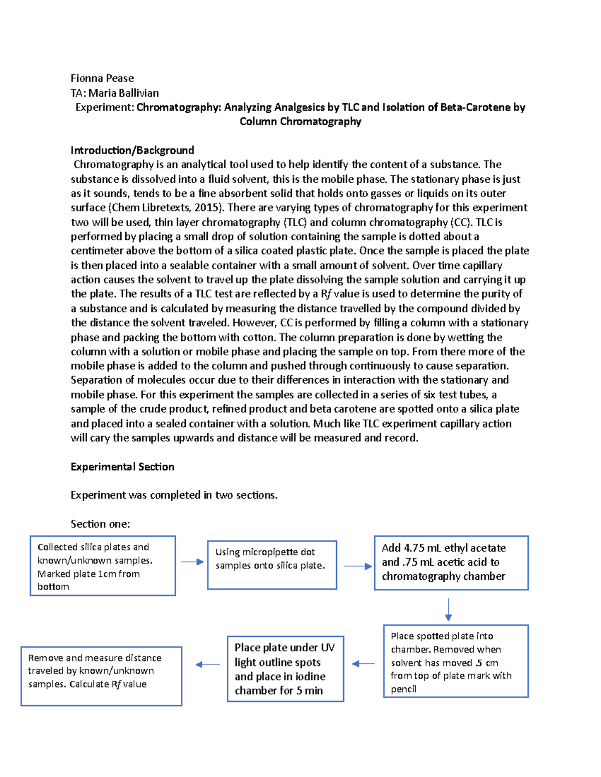 Post Lab Report 3 Chromatography analyzing analgesics by TLC and isolation of beta carotene by