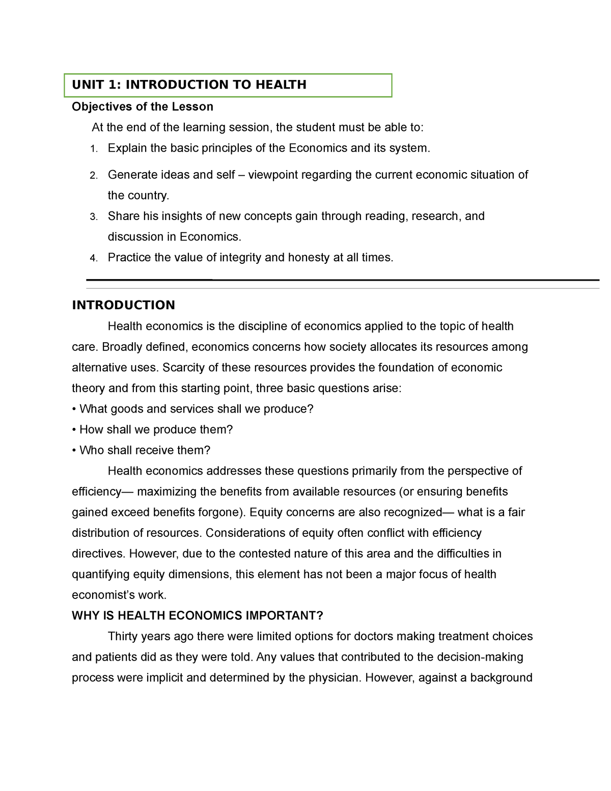 Unit 1 Health Economics - Objectives of the Lesson At the end of the ...