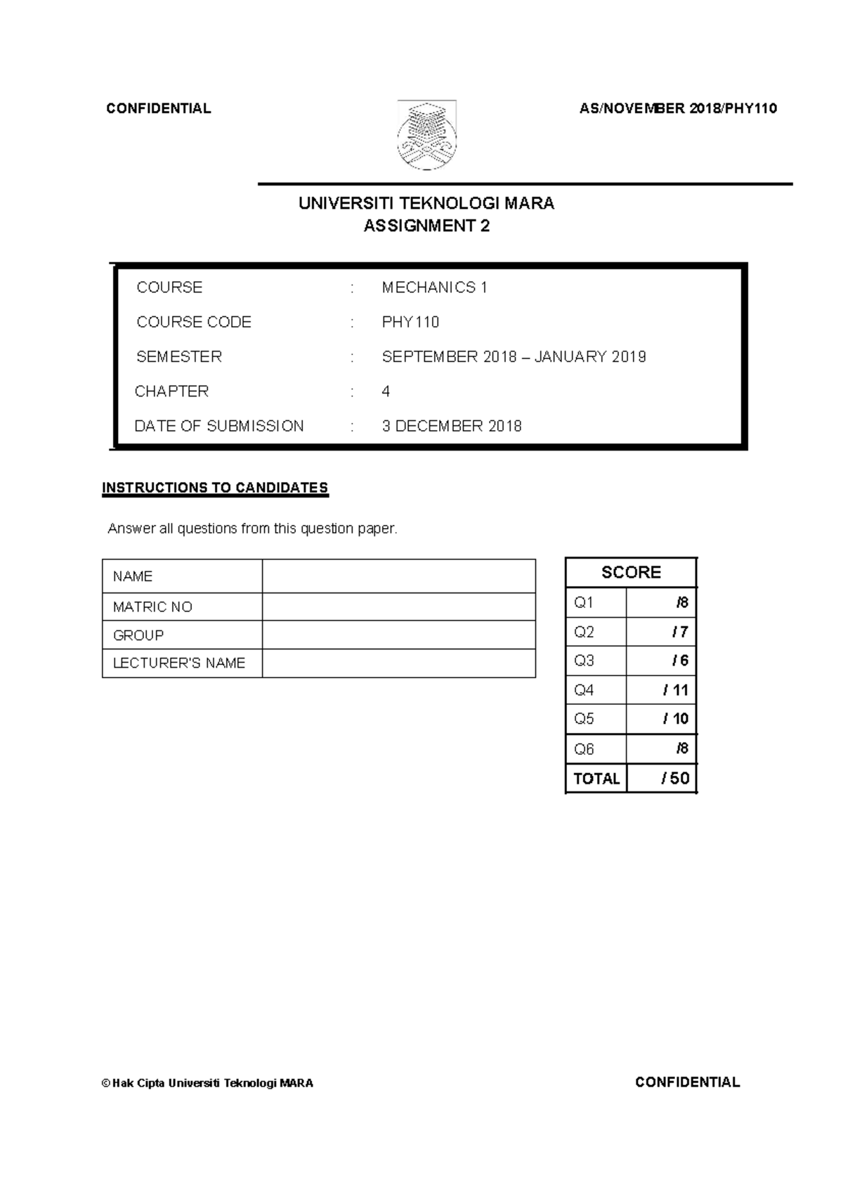 Assignment 2 Chapter 4 PHY 110 (2018 4) 03122018 - NAME MATRIC NO GROUP ...