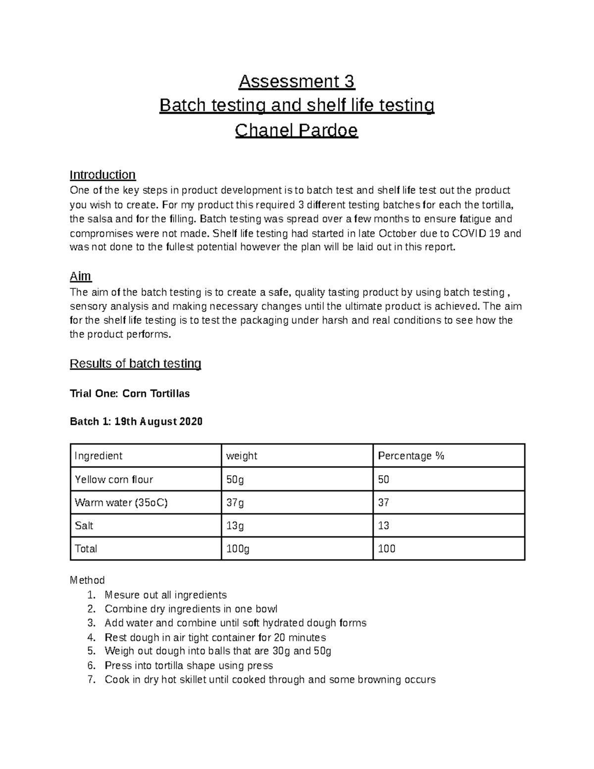 Task 3 batch tesing shelf life - Google Docs - Assessment 3 Batch ...