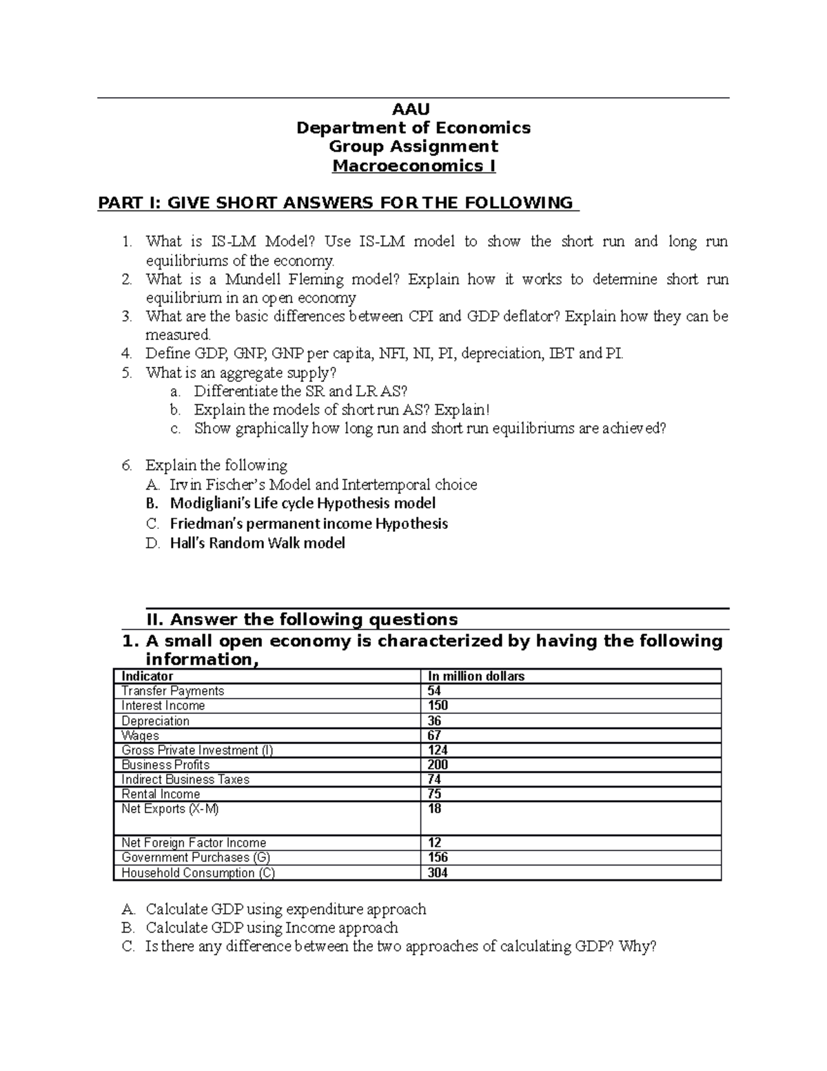 AAU Macroeconomics asst - AAU Department of Economics Group Assignment ...