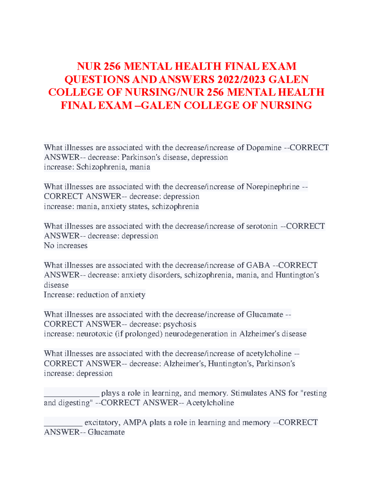 NUR 256 Mental Health Final EXAM Questions AND Answers 2022 - NUR 256 ...