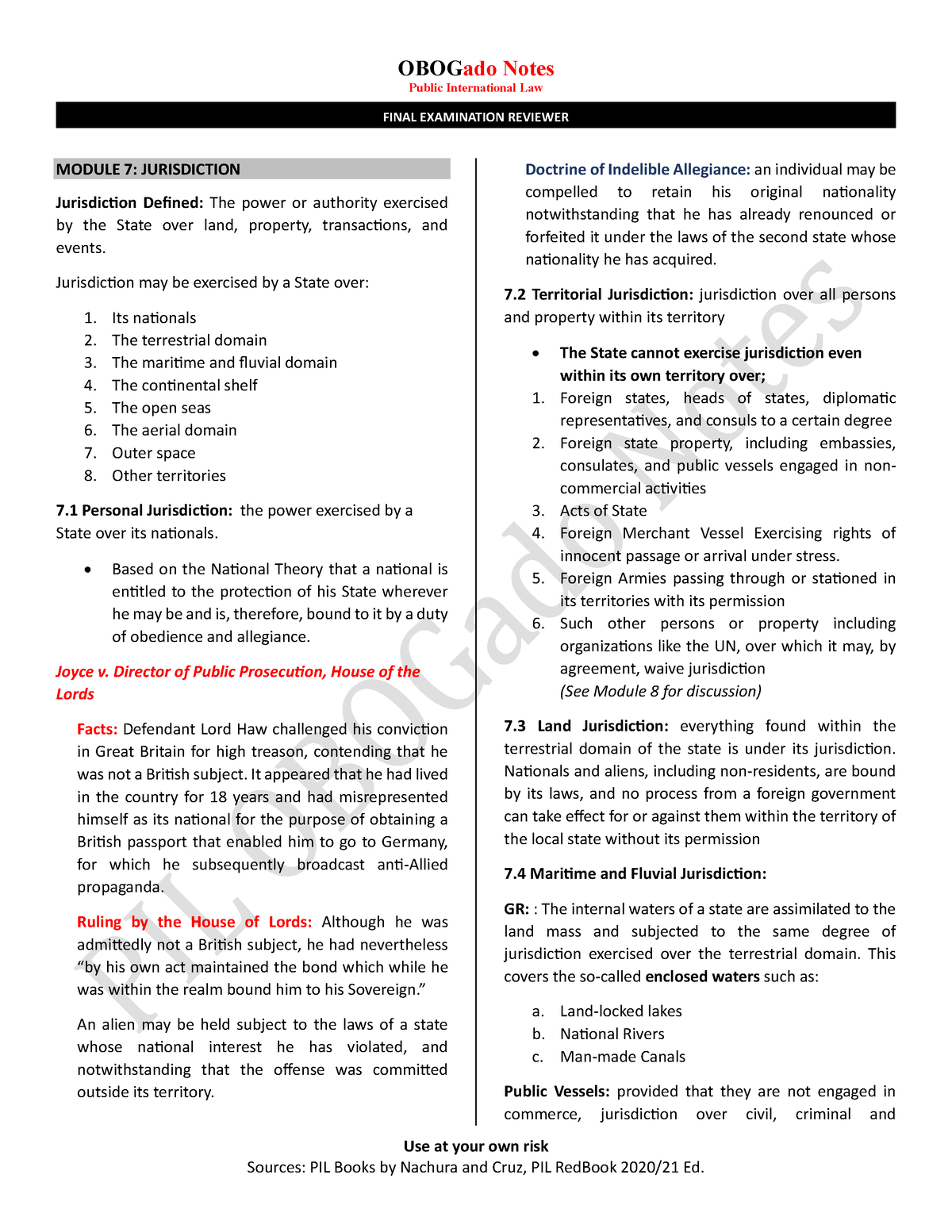 OBOGado Notes PIL Module 7-13 - Public International Law Use at your ...