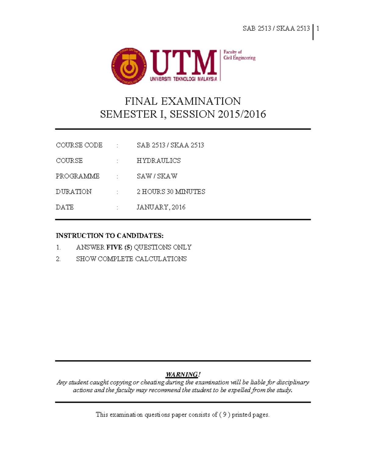Exam January 2016, questions - SAB 2513 SKAA 2513 1 FINAL EXAMINATION ...