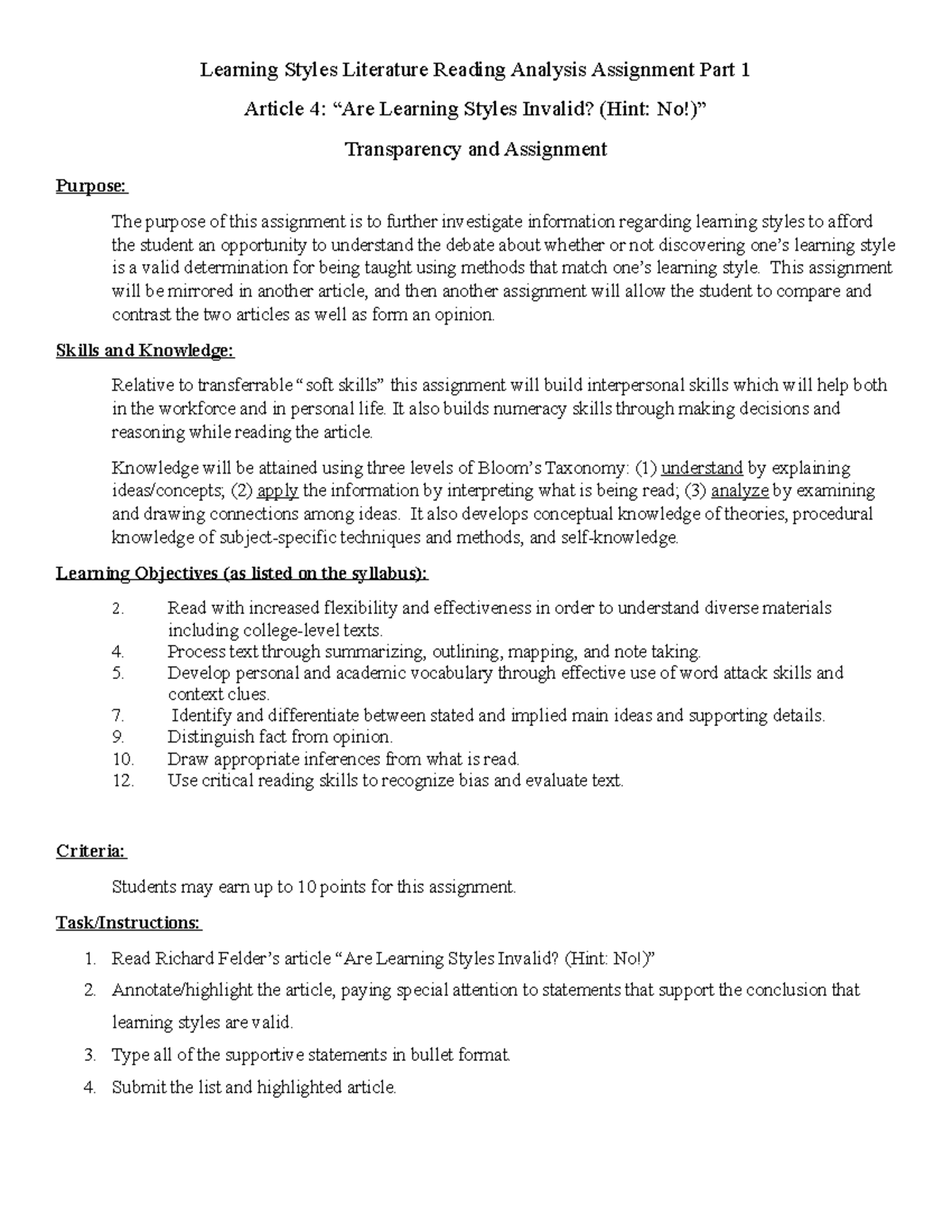 Article 4 Are Learning Styles Invalid Transparency and Assignment ...