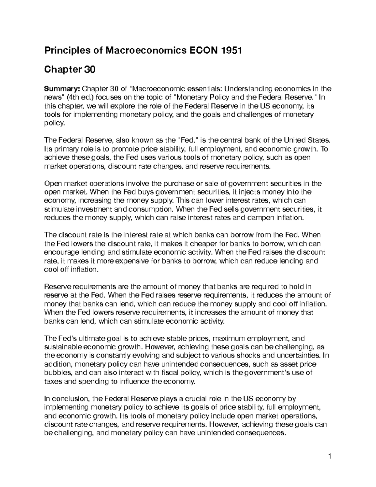 ECON 1951 Chapter 30 Principles of Macroeconomics ECON 1951 Chapter