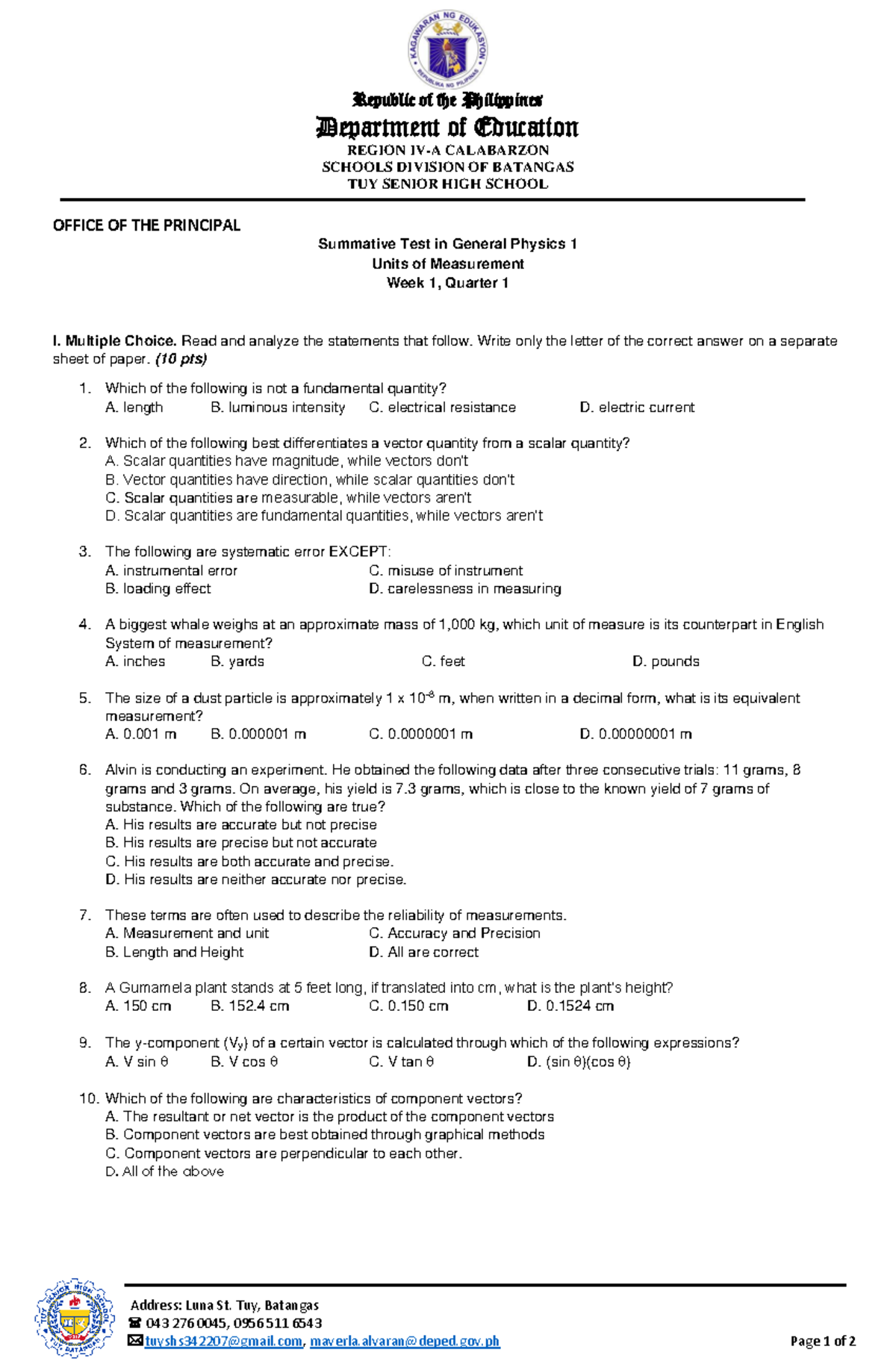 General Physics Summative TEST Q1 WK 1 - Republic Of The Philippines ...