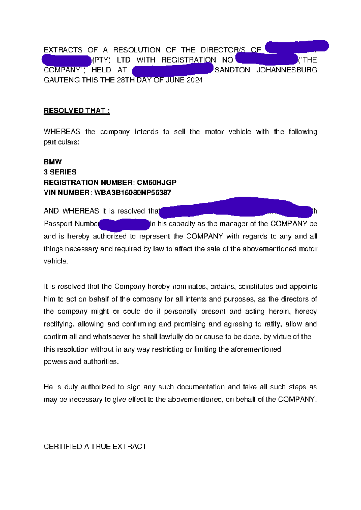 COMPANY RESOLUTION - EXTRACTS OF A RESOLUTION OF THE DIRECTOR/S OF FAST ...