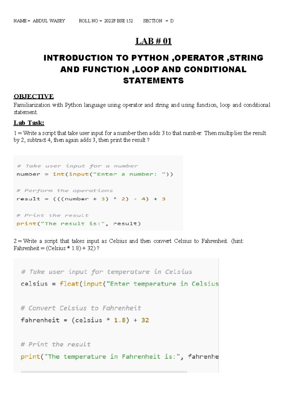 LAB 90 - nice - LAB # 01 INTRODUCTION TO PYTHON ,OPERATOR ,STRING AND ...