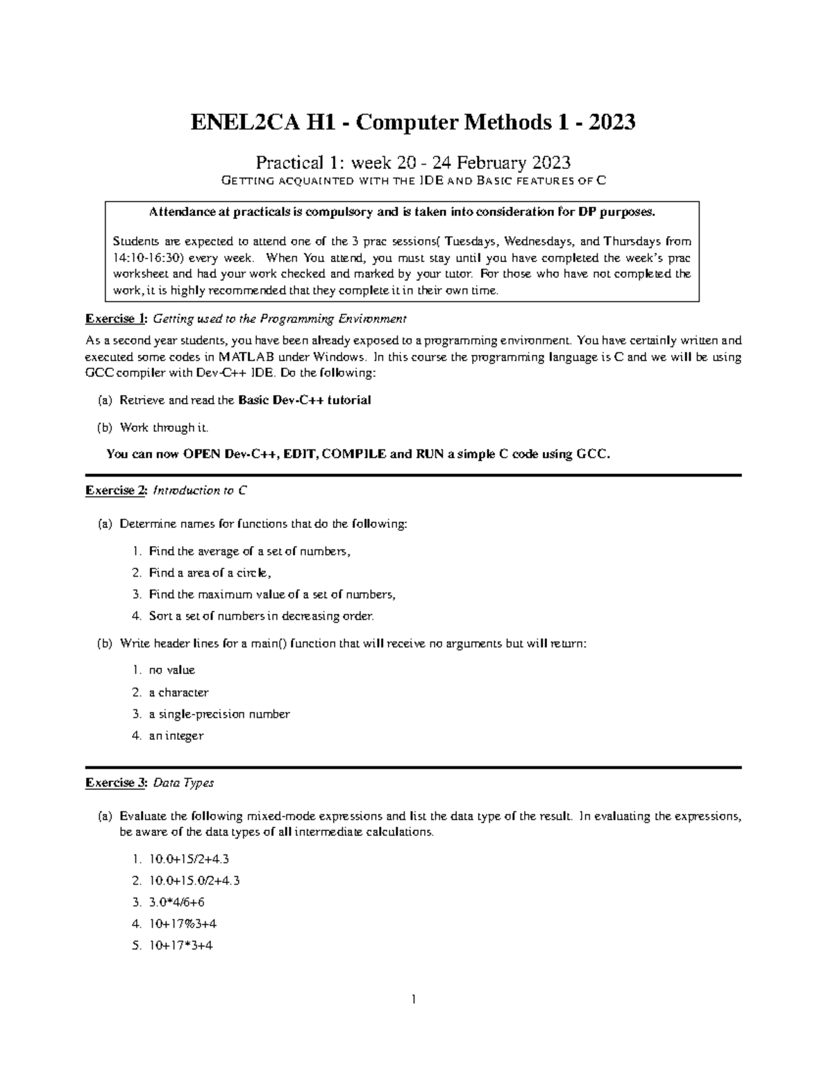 Cm23 prac 1 Prac 1 for computer methods ENEL2CA H1 Computer