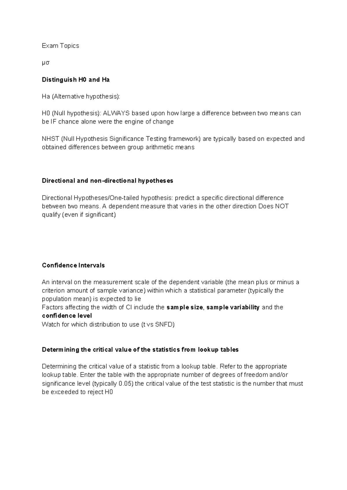 Statistics - afwefwfer - Exam Topics μσ Distinguish H0 and Ha Ha ...