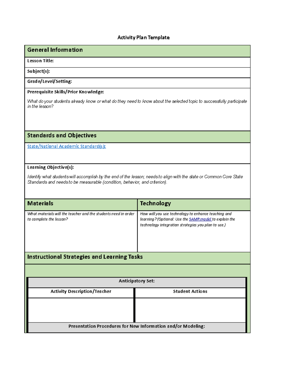 Activity Plan Template - Activity Plan Template General Information ...