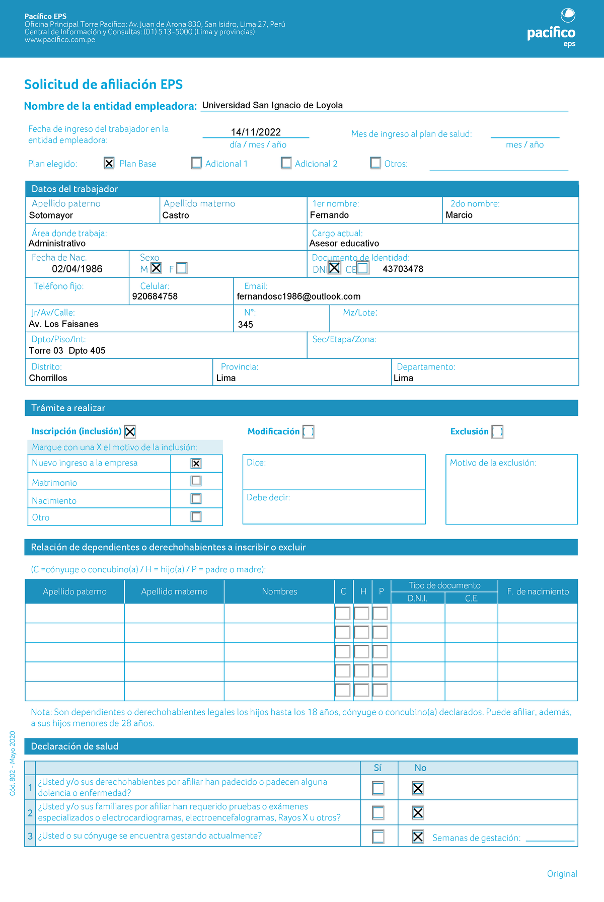 Solicitud De Afiliación EPS Regular - Mayo 2020 - Plan Elegido: Plan ...