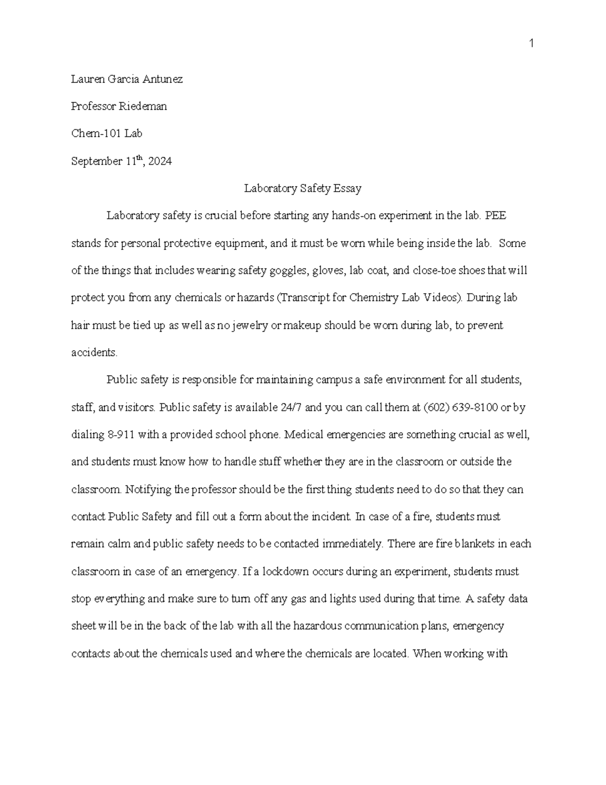 Lab Safety Essay - Lauren Garcia Antunez Professor Riedeman Chem-101 ...