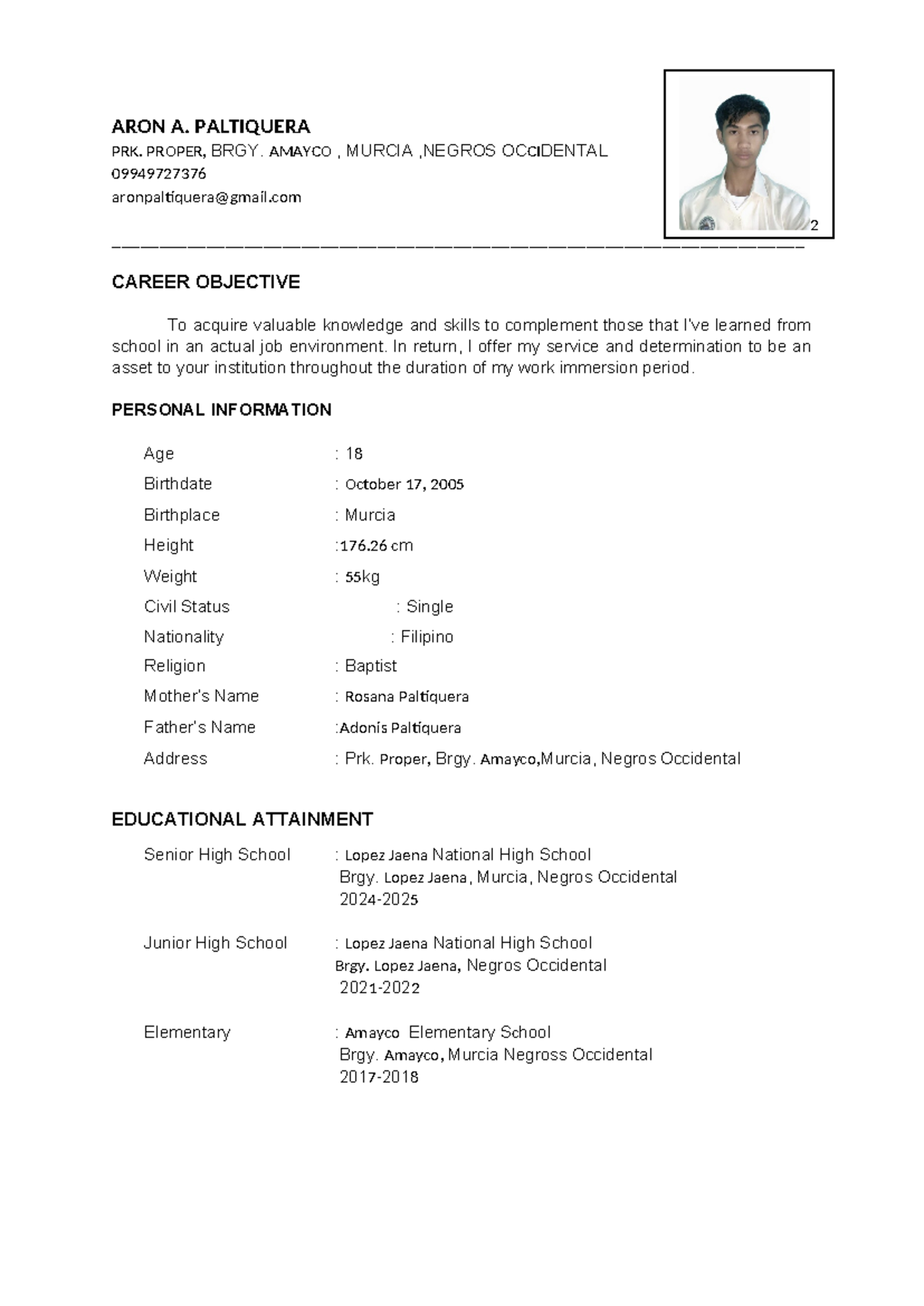 Immersion Application Letter and Resume - ARON A. PALTIQUERA PRK ...
