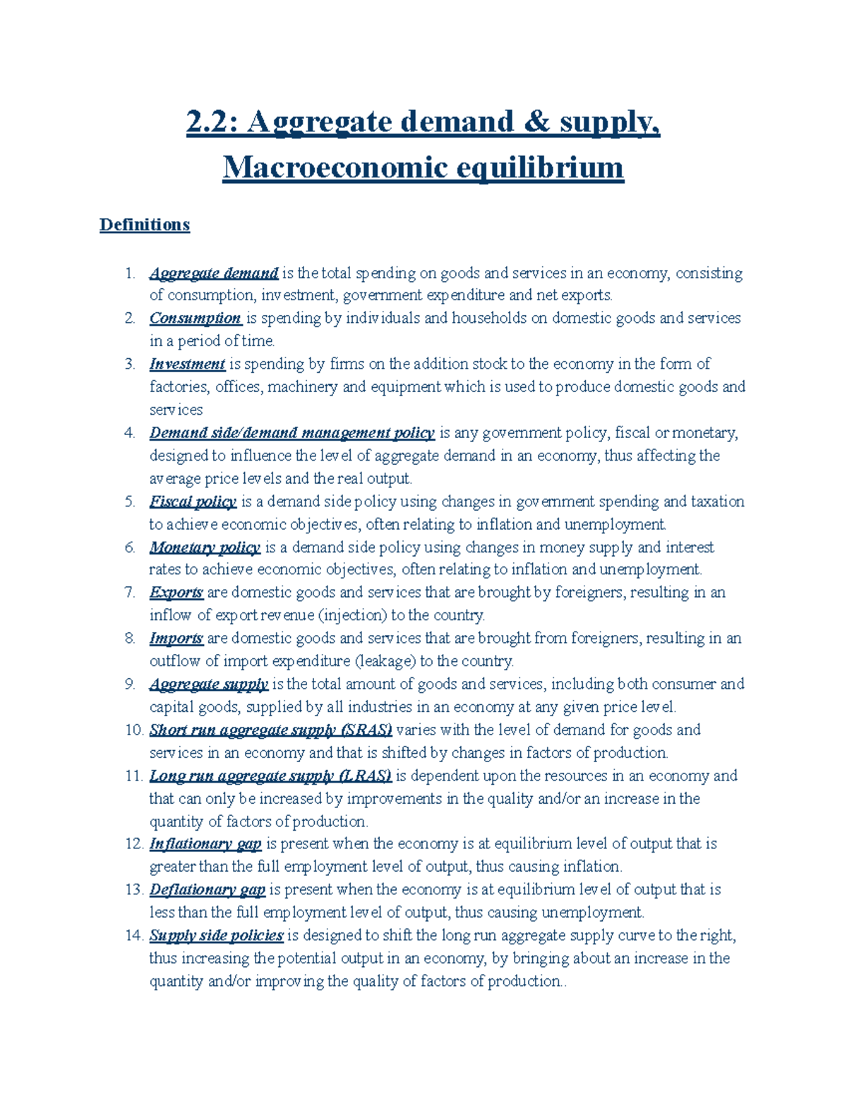 2.2 Aggregate demand, Aggregate supply and Macroeconomic equilibrium