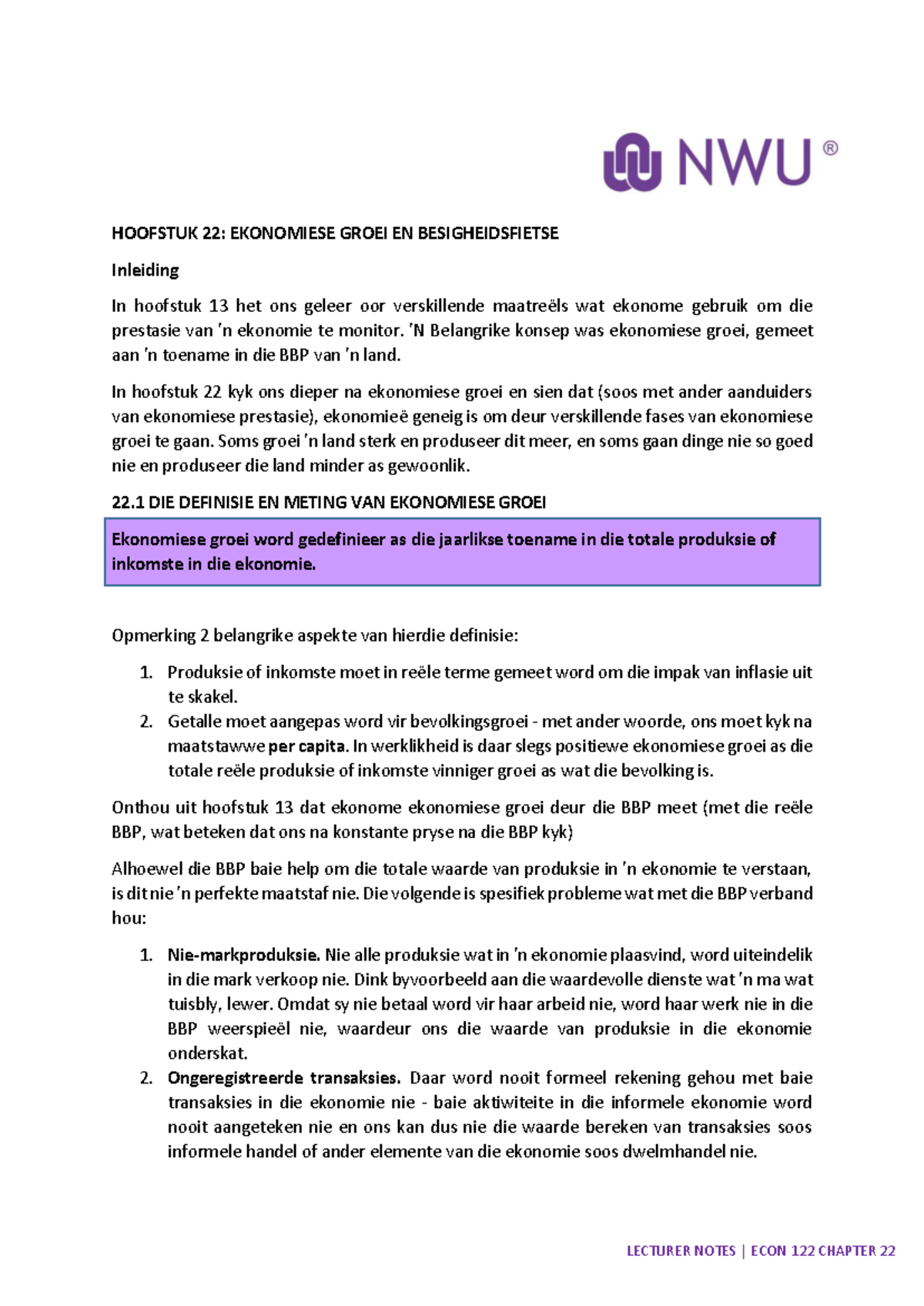 ECON - Hs 21 - Notes for ECON 122 - Ekonomiese groei word gedefinieer ...