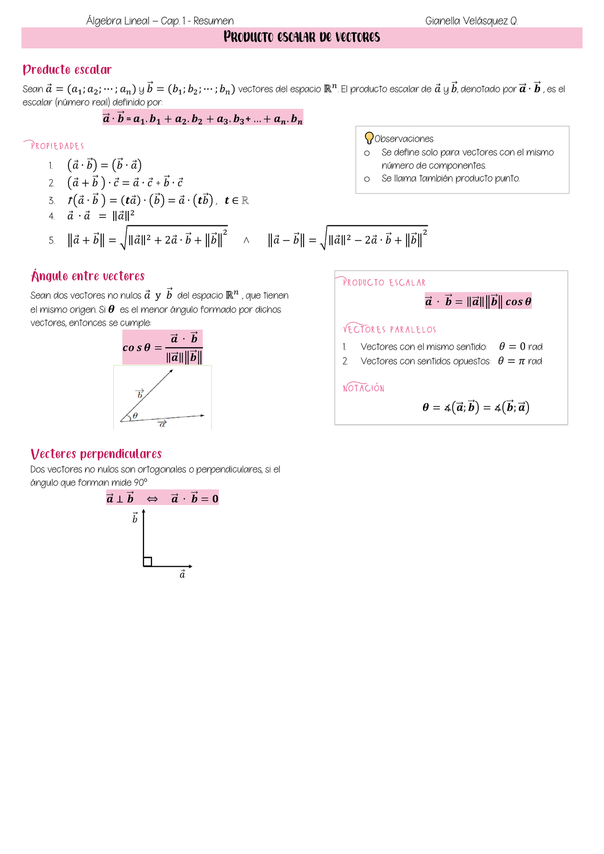 Cap 1 - Vectores - 1 - ¡lgebra Lineal – Cap. 1 - Resumen Gianella Vel ...