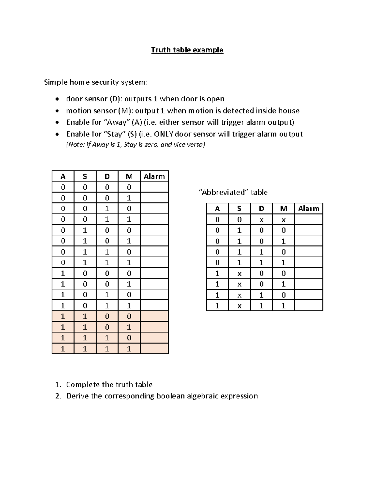 Truth table example - home security system - Truth table example Simple ...