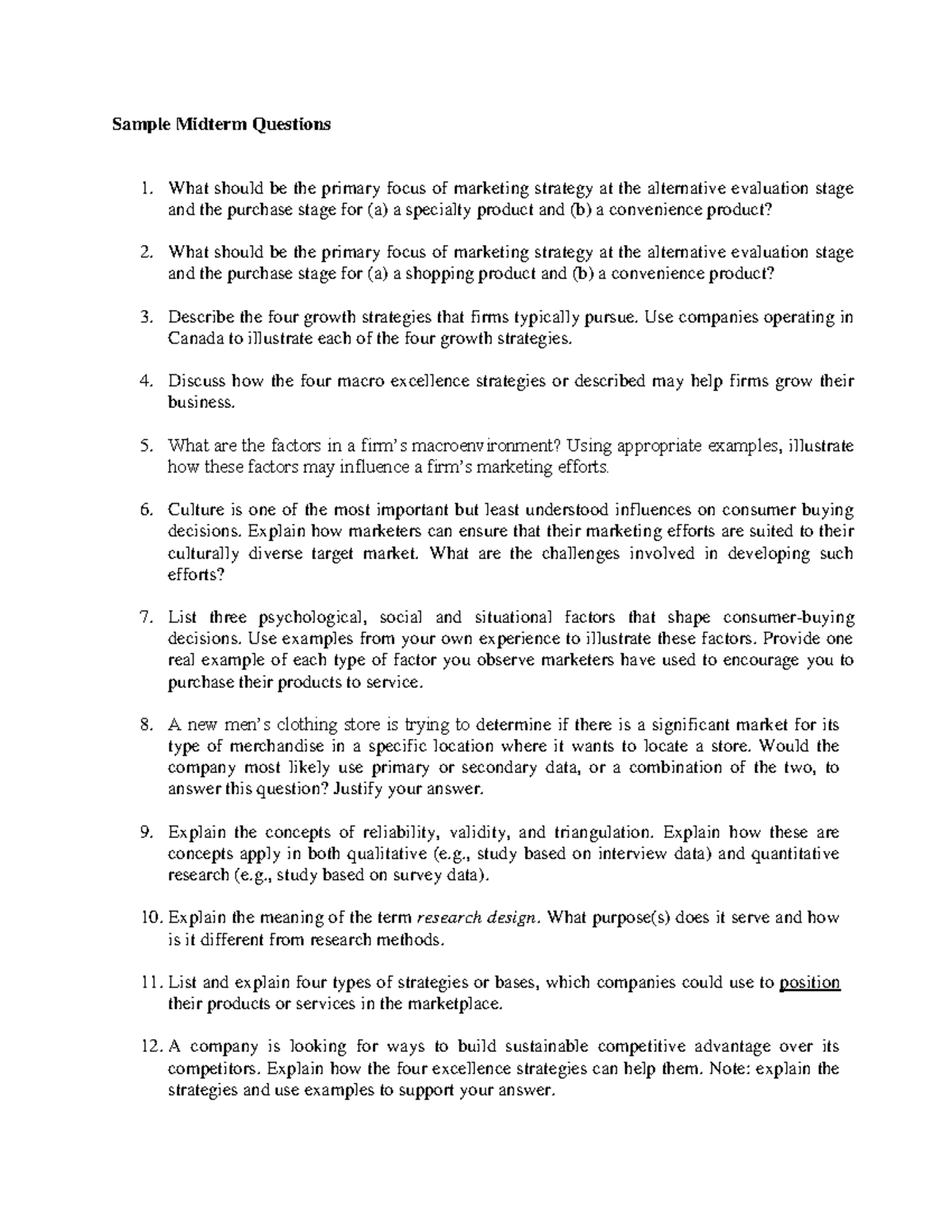 Midterm 7 March 2019, questions - Sample Midterm Questions What should ...