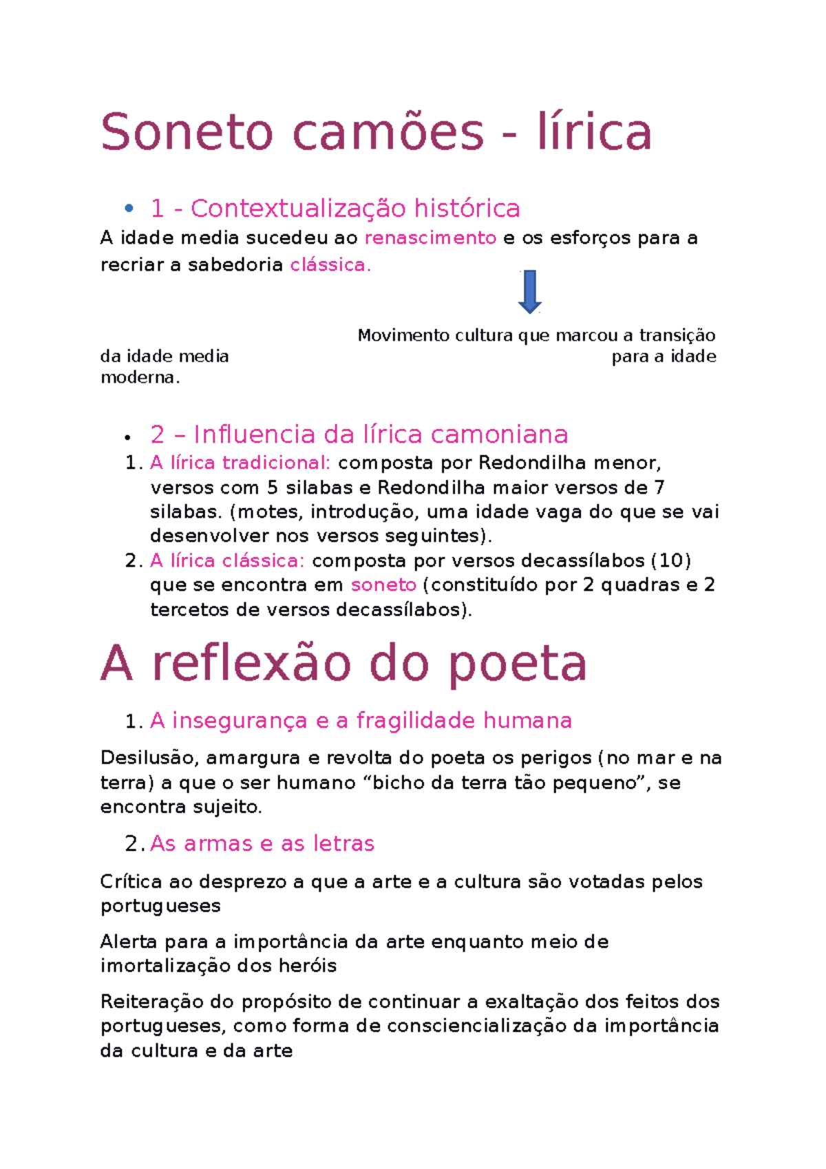 Resumo de portugues - Soneto camões - lírica 1 - Contextualização ...